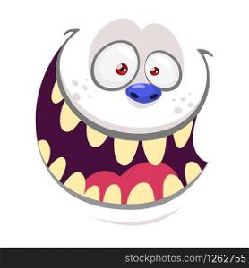 Cartoon monster yeti face isolated on white. Vector Halloween white happy monster square avatar.