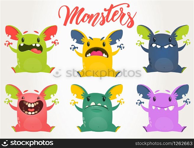 Cartoon monsters collection. Vector set of cartoon monsters with different face expressions. Design for print, party decoration, t-shirt, illustration, logo, emblem or sticker