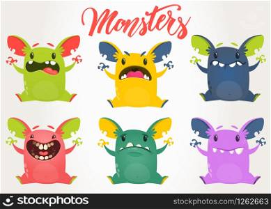 Cartoon monsters collection. Vector set of cartoon monsters with different face expressions. Design for print, party decoration, t-shirt, illustration, logo, emblem or sticker