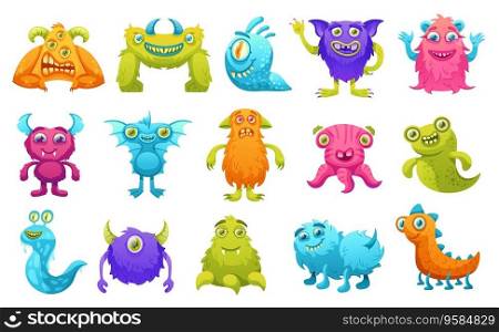 Cartoon monsters. Colorful funny creatures, furry monster and cute space animal characters vector illustration set. Comic beasts with scary faces, toys with spooky facial expressions. Cartoon monsters. Colorful funny creatures, furry monster and cute space animal characters vector illustration set