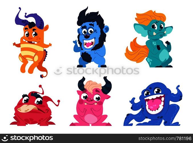 Cartoon monsters. Cute little angry animals, mascot characters with smiles and troll faces for stickers and emblems. Vector goblin set party on birthday for kids. Cartoon monsters. Cute little angry animals, mascot characters with smiles and troll faces for stickers and emblems. Vector goblin set