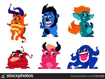 Cartoon monsters. Cute little angry animals, mascot characters with smiles and troll faces for stickers and emblems. Vector goblin set party on birthday for kids. Cartoon monsters. Cute little angry animals, mascot characters with smiles and troll faces for stickers and emblems. Vector goblin set