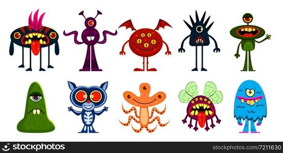 Cartoon monsters. Cute little goblins and gremlins, scary alien kids. Halloween cool monster characters, comic vector isolated funny emoticon creature and mascots. Cartoon monsters. Cute little goblins and gremlins, scary alien kids. Halloween cool monster characters, comic vector isolated mascots