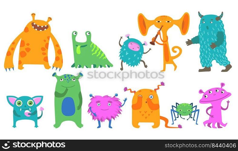 Cartoon monsters flat icon kit. Cute little funny creatures vector illustration collection. Halloween characters with smiles and troll faces. Goblins and aliens set for ghost party concept