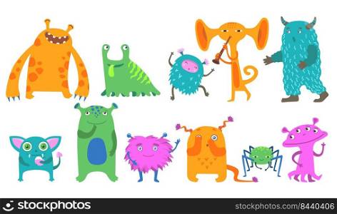Cartoon monsters flat icon kit. Cute little funny creatures vector illustration collection. Halloween characters with smiles and troll faces. Goblins and aliens set for ghost party concept