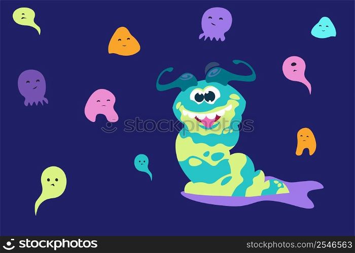 Cartoon monsters. Funny and scary trolls. Cute aliens or goblins. Flying ghosts. Slug with crazy face and toothy smile. Halloween spooky slime beasts. Vector isolated fantastic characters illustration. Cartoon monsters. Funny and scary trolls. Aliens or goblins. Flying ghosts. Slug with crazy face and toothy smile. Halloween spooky slime beasts. Vector fantastic characters illustration