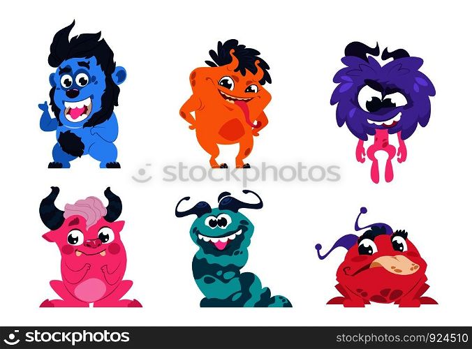 Cartoon monsters. Funny and scary trolls ghosts goblins and aliens with cute faces, cute isolated characters. Vector icon little yelling animal set. Cartoon monsters. Funny and scary trolls ghosts goblins and aliens with cute faces, cute isolated characters. Vector set
