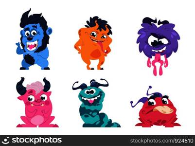 Cartoon monsters. Funny and scary trolls ghosts goblins and aliens with cute faces, cute isolated characters. Vector icon little yelling animal set. Cartoon monsters. Funny and scary trolls ghosts goblins and aliens with cute faces, cute isolated characters. Vector set