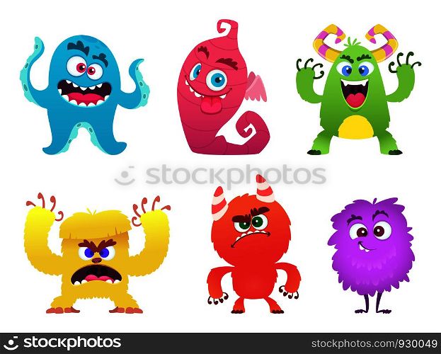 Cartoon monsters. Goblin gremlin troll scary cute faces of colored monsters vector funny characters. Funny face alien, halloween scary gremlin illustration. Cartoon monsters. Goblin gremlin troll scary cute faces of colored monsters vector funny characters