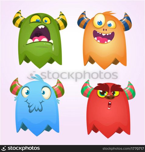 Cartoon Monsters set for Halloween. Vector set of cartoon monsters isolated. Design for print, party decoration, t-shirt, illustration, emblem or sticker