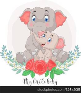 Cartoon Mother and baby elephant sitting with flowers background