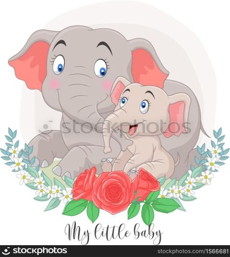 Cartoon Mother and baby elephant sitting with flowers background
