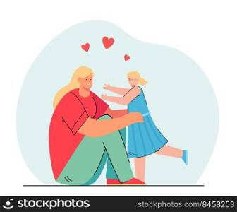 Cartoon mother and daughter hugging. Flat vector illustration. Woman sitting on floor and hugging little girl in blue dress. Family, care, love, parenthood concept for banner design or landing page