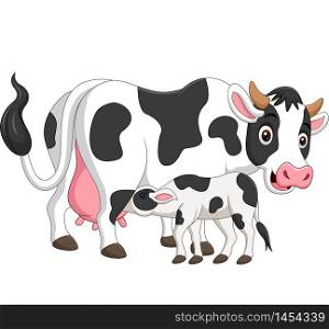 Cartoon mother cow feeding baby calf