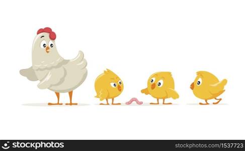 Cartoon mother hen and three yellow little chick isolated on white background. Colorful chicken family playing with worm vector graphic illustration. Cute playful farm animal or bird. Cartoon mother hen and three yellow little chick isolated on white background