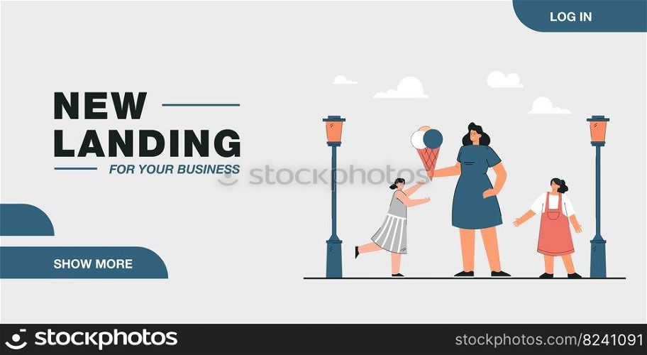 Cartoon mother holding huge ice cream for daughters in park. Woman and girls having fun together flat vector illustration. Family, food, recreation, holiday concept for banner or landing web page