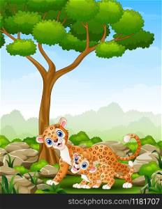 Cartoon mother leopard and cub leopard in the jungle