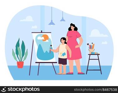 Cartoon mother watching daughter drawing on easel. Kid painting with woman flat vector illustration. Family, parenting, education, art concept for banner, website design or landing web page
