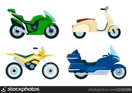 Cartoon motorcycles. Street vehicles for transportation and delivery. Scooter, sport and road bikes, retro chopper. Colorful bright transport for city and extreme riding isolated vector set. Cartoon motorcycles. Street vehicles for transportation and delivery. Scooter, sport and road bikes, retro chopper