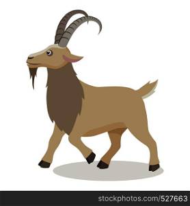 Cartoon mountain goat in different poses in flat style. Cute realistic goat with long horns for decor, learning children. Vector illustration.. Cartoon goat in different poses in flat style