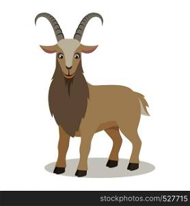 Cartoon mountain goat in different poses in flat style. Cute realistic goat with long horns for decor, learning children. Vector illustration.. Cartoon goat in different poses in flat style