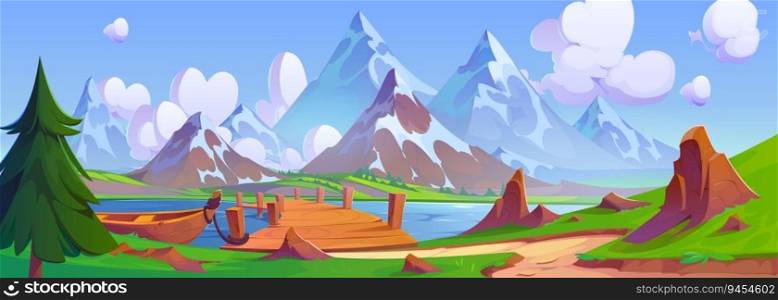 Cartoon mountain lake with wooden boat moored to old bridge. Vector illustration of beautiful natural background, footpath and fir tree on green hill, high rocks with glacier on top, blue sunny sky. Cartoon mountain lake with boat moored to bridge