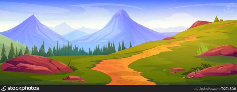 Cartoon mountain landscape with foothpath and pine forest. Vector illustration of majestic peaks on horizon, green grass, tall trees, stones on ground. Summer scenery for hiking, recreation travel. Cartoon mountain landscape with foothpath