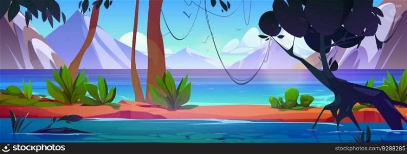 Cartoon mountain landscape with lake and rainforest. Vector illustration of forest with lianas on trees, green plants on bank of river flowing between high rocks, birds flying in blue summer sky. Cartoon mountain landscape with lake, rainforest