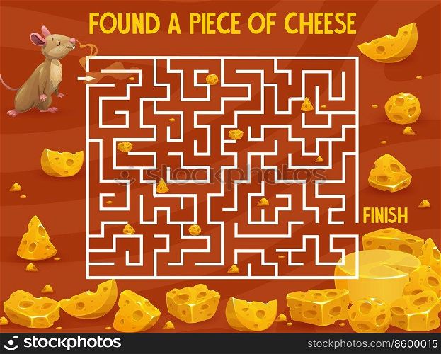 Cartoon mouse and cheese, labyrinth maze game to find way or escape, vector tabletop worksheet. Kids labyrinth maze puzzle to help mouse to find way to cheese food, lumps of edam or emmental head. Cartoon mouse and cheese, labyrinth maze game