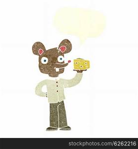 cartoon mouse holding cheese with speech bubble