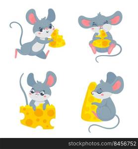 Cartoon mouse with cheese. Cartoon smiling characters holding food pieces. Playful animal running, eating snack. Hungry baby mammal with teeth, big ears isolated on white vector set. Cartoon mouse with cheese. Smiling characters holding food pieces. Playful animal running, eating snack