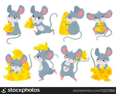 Cartoon mouse with cheese. Cute little mouses, funny mouse mascot and mice steal cheese vector set