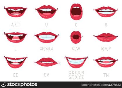 Cartoon mouth and lips expressions, articulate and sound pronunciation. Human mouths with different expressions vector illustration set. Language sounds pronunciation. Teaching tongue and lip position. Cartoon mouth and lips expressions, articulate and sound pronunciation. Human mouths with different expressions vector illustration set. Language sounds pronunciation