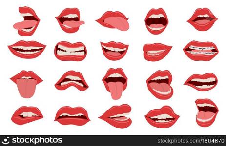 Cartoon mouth. Cute female red opened and closed lips. Isolated parts of human face with white teeth and stick out tongue. Facial emotions expressing, laughing and smiling and anger. Vector flat set. Cartoon mouth. Female red opened and closed lips. Isolated parts of human face with white teeth and stick out tongue. Emotions expressing, laughing and smiling and anger, vector set