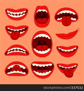 Cartoon mouth elements collection. Show tongue, smile with teeth, expressive emotions, smiling, shouting mouths and phonemes vector set isolated. Cartoon mouth elements collection. Show tongue, smile with teeth, expressive emotions, smiling mouths and phonemes vector set