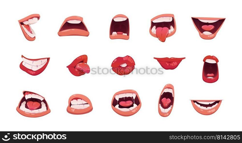 Cartoon mouth. Open and clothed lips, sad laugh smile anger cute face emotion with tongue and teeth. Vector mouth facial expression isolated set. Cheerful, irritated and furious feelings. Cartoon mouth. Open and clothed lips, sad laugh smile anger cute face emotion with tongue and teeth. Vector mouth facial expression isolated set