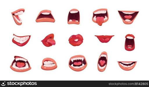 Cartoon mouth. Open and clothed lips, sad laugh smile anger cute face emotion with tongue and teeth. Vector mouth facial expression isolated set. Cheerful, irritated and furious feelings. Cartoon mouth. Open and clothed lips, sad laugh smile anger cute face emotion with tongue and teeth. Vector mouth facial expression isolated set