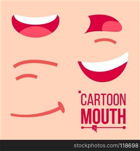 Cartoon Mouth Set Vector. Tongue, Smile, Teeth. Expressive Emotions. Poses Elements Flat Illustration. Cartoon Mouth Set Vector. Shock, Shouting, Smiling, Anger. Expressive Emotions. Flat Illustration