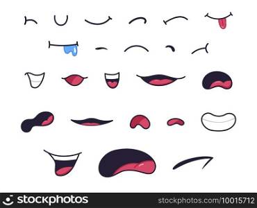 Cartoon mouths. Caricature funny characters mouth with lips, teeth and tongue with various expressions. Angry, laugh, smile and sad vector clipart. Illustration smile caricature expression. Cartoon mouths. Caricature funny characters mouth with lips, teeth and tongue with various expressions. Angry, laugh, smile and sad vector clipart