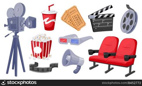 Cartoon movie elements. Camera drink tickets megaphone clapper popcorn cinema 3D symbols, motion picture and film making accessories. Vector isolated set of movie popcorn cinema illustration. Cartoon movie elements. Camera drink tickets megaphone clapper popcorn cinema 3D symbols, motion picture and film making accessories. Vector isolated set