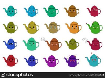 Cartoon multicolored teapots with different facial expressions. Kawaii Colorful cartoon vector illustration. Character in flat design.