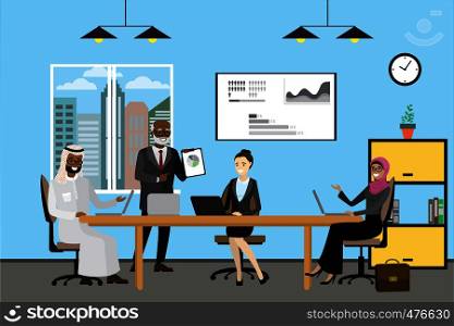 Cartoon Multicultural business people working at modern office,Presentation or meeting, interior design with furniture,flat vector illustration. Cartoon Multicultural business people working at modern office