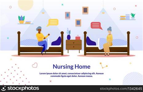 Cartoon Multiracial Old Aged Women Characters Sitting on Bed and Talking. Senior Female Friendship and Communication. Bedroom in Nursing Home Interior. Cartoon Poster. Flat Vector Illustration. Female Friendship and Nursing Home Cartoon Poster
