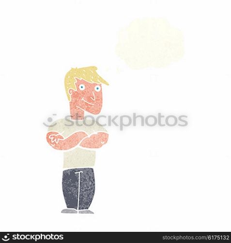cartoon muscular man with thought bubble
