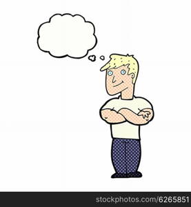 cartoon muscular man with thought bubble