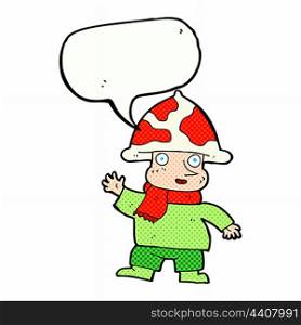 cartoon mushroom man with speech bubble