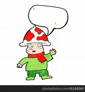cartoon mushroom man with speech bubble