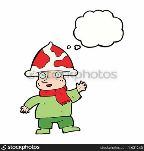 cartoon mushroom man with thought bubble