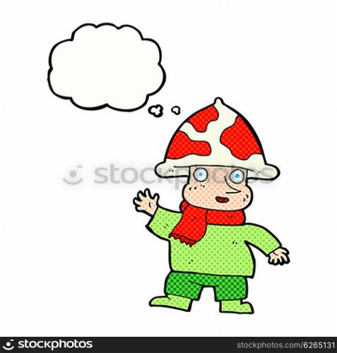 cartoon mushroom man with thought bubble