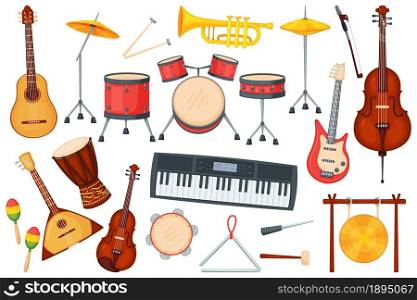 Cartoon music instruments for orchestra or jazz performance. Drums, electric guitar, trumpet, piano, classical musical instrument vector set. Different equipment for live show entertainment. Cartoon music instruments for orchestra or jazz performance. Drums, electric guitar, trumpet, piano, classical musical instrument vector set